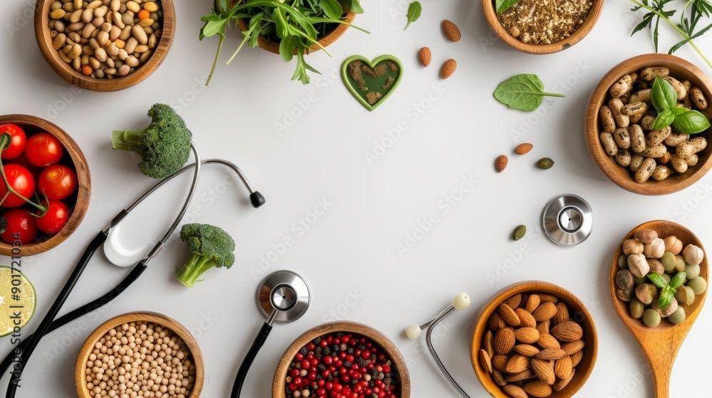 Nutrition-focused ingredients and tools arranged on a table.