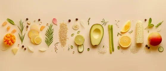 A clean arrangement of fresh produce and grains.