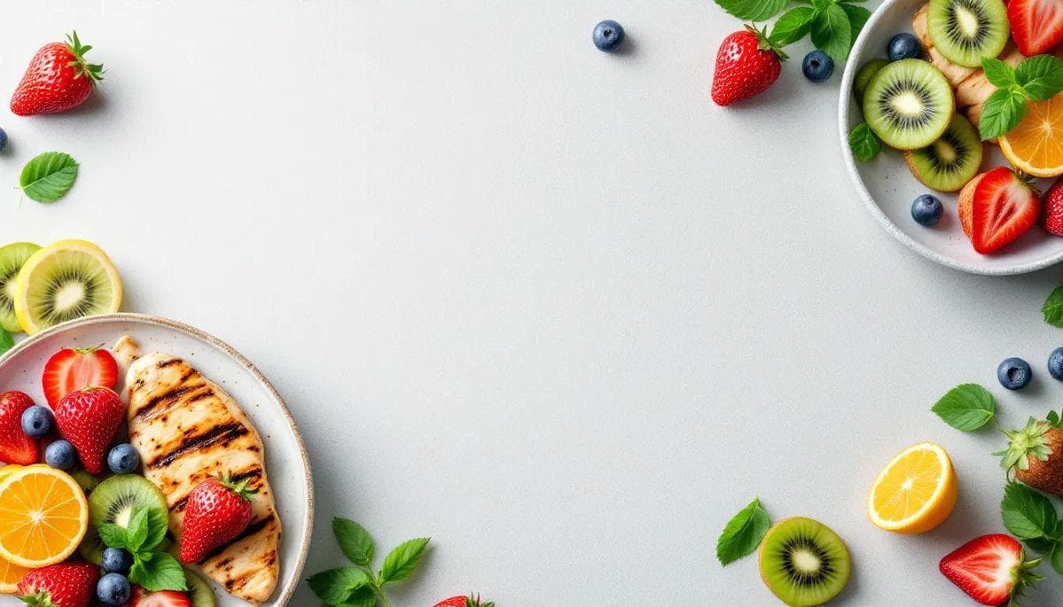 Healthy meal ingredients arranged around plated food.